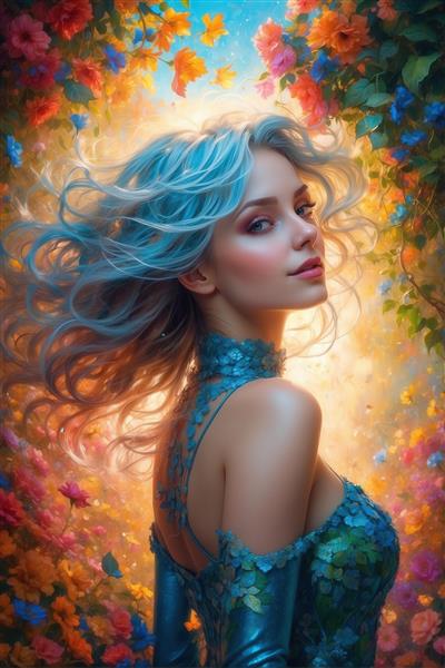 پرتره دختر با موهای آبی مواج در باغ گل‌های پرنور، لباس آبی ساتن و پس‌زمینه نورانی، ایده‌آل برای چاپ بوم نقاشی