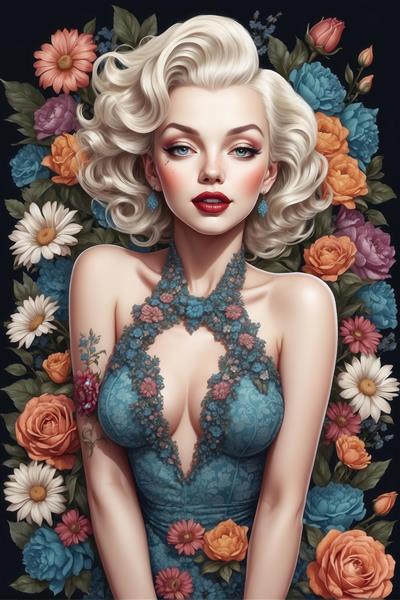 پرتره مرلین مونرو در لباس آبی توری و گل‌های رنگارنگ (بابونه، رز)، تصویر هنری برای چاپ‌های دیواری خاص و باکیفیت