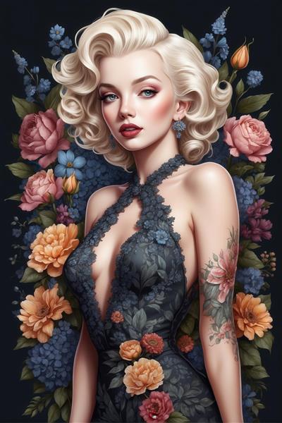 پرتره مرلین مونرو با لباس شب توری و خالکوبی گل روی بازو، پس‌زمینه گل‌های مجلسی و تیره، مناسب چاپ‌های لاکچری و فاخر