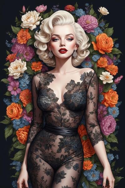 پرتره هنری مرلین مونرو در لباس بادی توری مشکی و گل‌های رنگارنگ، مناسب تابلوهای دکوراتیو با تم کلاسیک و مدرن