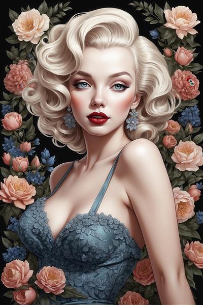 پرتره فانتزی مرلین مونرو با لباس زیر توری و پس‌زمینه گل‌های رز صورتی و آبی، کیفیت ممتاز برای چاپ‌های آرت دکو