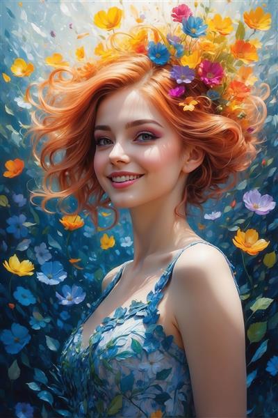 پرتره دختر با موی آتشین و تاج گل، نقاشی دیجیتال با رنگ‌های شاد و پس‌زمینه آبی گلدار، مناسب پوستر و دکوراسیون