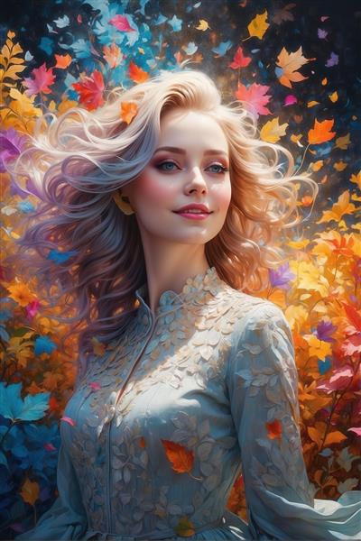 پرتره دختر با موهای بلوند در پس‌زمینه رنگارنگ برگ‌ها، نقاشی دیجیتال با کیفیت عالی برای تابلو و چاپ عریض، تم پاییزی