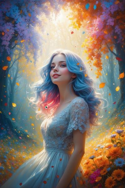 پرتره دختر رؤیایی با موهای آبی و لباس توری در جنگل جادویی، نور درخشان و برگ‌های پاییزی، کیفیت بالا برای چاپ دکوراتیو