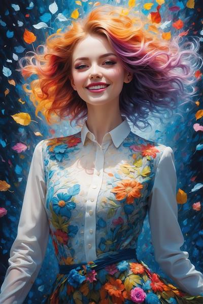 پرتره دختر جوان شاد با موهای رنگین‌کمان و لباس گلدار، پس‌زمینه انتزاعی برگ‌های پاییزی، مناسب پوستر و تابلو