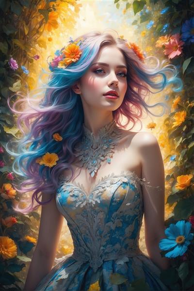 پرتره زن با موی بلند فانتزی صورتی و آبی، لباس دکلته توری در باغ گل‌های طلایی و نارنجی