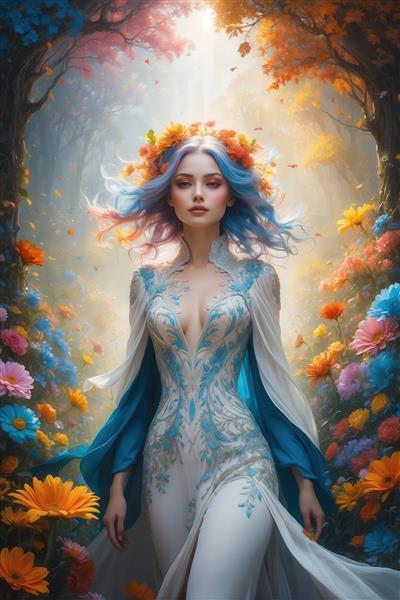 تصویر تمام‌قد زن به سبک ملکه پریان با لباس سفید و آبی مجلسی در مسیر جنگلی پرنور و گل‌دار