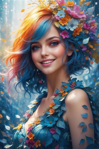 پرتره زن با موی کوتاه نارنجی و آبی و لباس بندی طرح برگ‌های آبی در پس‌زمینه گل‌های شاداب و بارانی