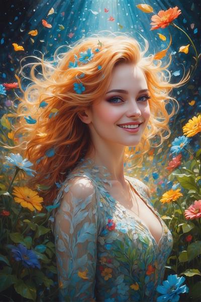 پرتره زن با موی روشن موج‌دار، لبخند شاد و گل‌های کوچک آبی در میان گل‌های رنگارنگ درخشان