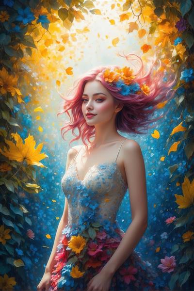 پرتره زن با موی صورتی آتشین و لباس مجلسی توری با گل‌های سه‌بعدی در میان برگ‌های پاییزی نارنجی