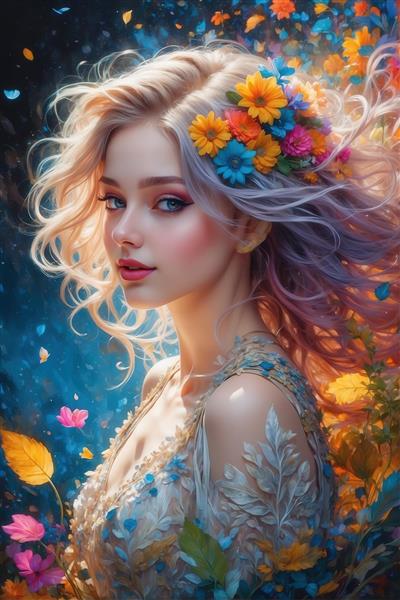 پرتره زن با موی بلوند و بنفش، تاج گل‌های رنگارنگ و لباس گل‌دار روشن در محیط درخشان و اسرارآمیز