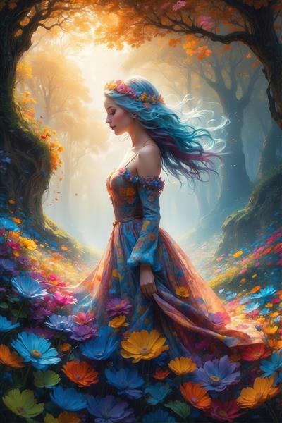 تصویر رویایی زن ایستاده با لباس پرگل در جنگل جادویی با موهای آبی فانتزی و تاج گل بهاری