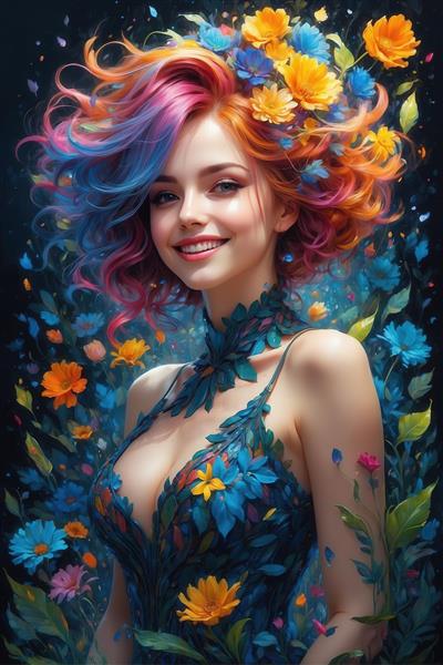 پرتره زن با موی آتشین فانتزی و تاج گل‌های زرد و نارنجی در لباس بندی آبی طرح برگ