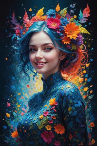 پرتره زن خندان با موی کوتاه آبی فانتزی و لباس یقه ایستاده با طرح گل در فضای تاریک درخشان