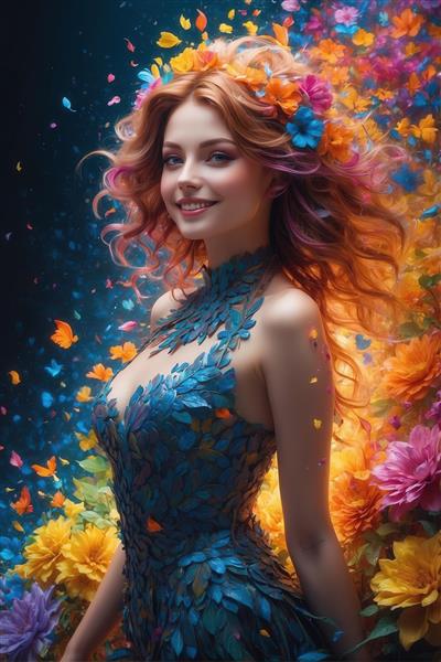 پرتره زن جذاب با موی نارنجی و تاج گل‌های رنگین‌کمان و لباس برگ آبی در پس‌زمینه گل‌های درخشان