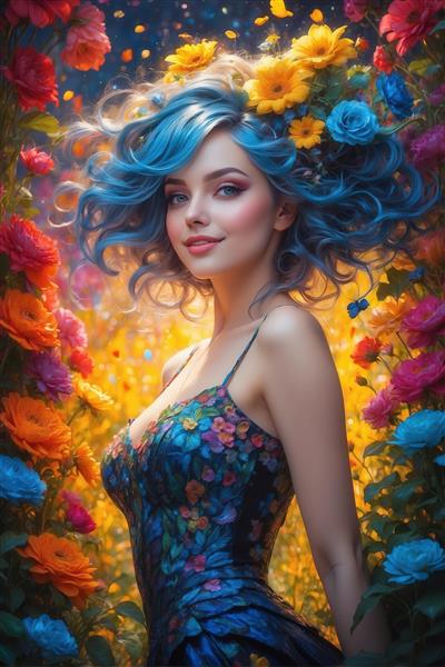 پرتره زن با موی آبی فانتزی و لباس بندی گل‌دار در میان انبوهی از گل‌های رز و آفتابگردان در پس‌زمینه طلایی