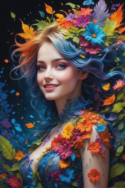 چهره زن زیبا با شانه پر از گل‌های سه بعدی و موی آبی فانتزی روی پس‌زمینه تیره و درخشان