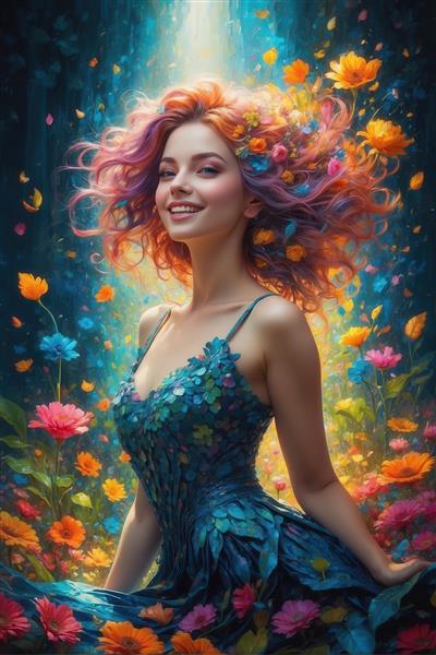زن جوان شاد در لباس باله با الهام از گلبرگ‌های آبی و موی پرگل در محیط پرنور جنگل اسرارآمیز