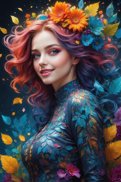 پرتره زن با نیم‌رخ خندان، موی رنگین‌کمانی و لباس مجلسی طرح برگ در یک باغ رازآلود