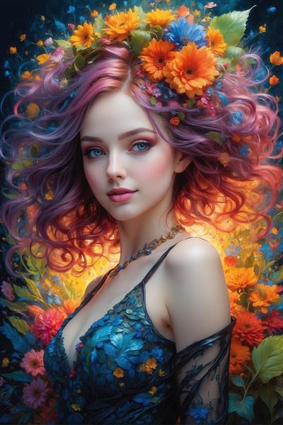 پرتره زن جذاب با موی نارنجی و صورتی در زمینه گل‌های درخشان و لباس شب آبی تیره
