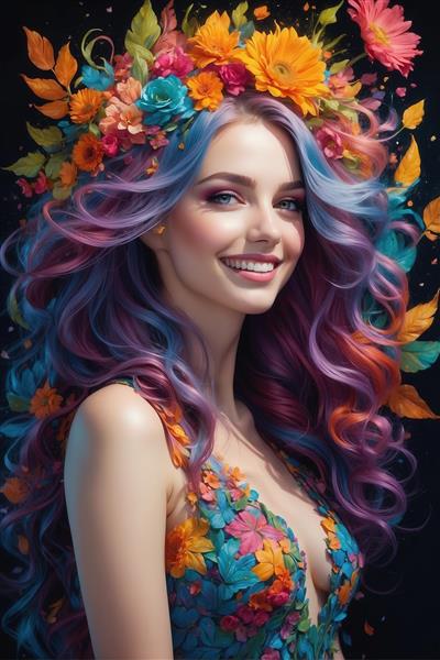 چهره شاداب زن با موی مواج فانتزی، تاج گل‌های زنده و لبخند ملیح برای چاپ‌های دکوراتیو