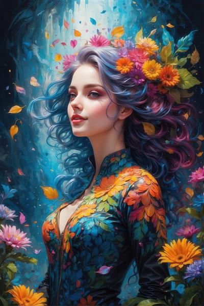 پرتره زن رویایی با موهای موج‌دار آبی و لباس برگ‌مانند در پس‌زمینه آبشاری جادویی و گل‌های بهاری