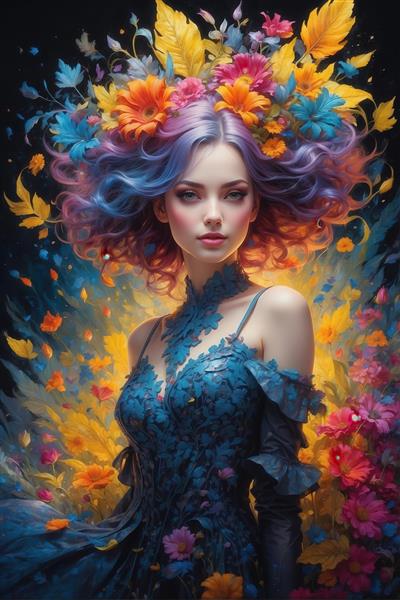 تصویر خیره‌کننده پرتره زن جذاب با موی بنفش و آبی در میان گل‌های رنگارنگ و پس‌زمینه درخشان