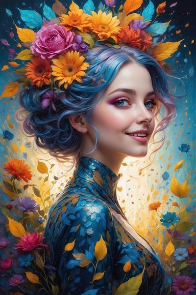 پرتره زن زیبا با موی آبی فانتزی و تاج گل رز در محیط گلدار روشن