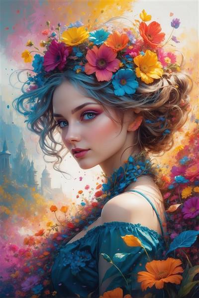پرتره زن با موهای فرفری آبی و تاج گل‌های رنگارنگ در پس‌زمینه فانتزی قلعه و باغ گل برای چاپ فاخر