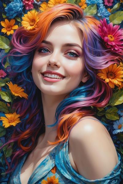 تصویر پرتره شاد زن با موهای رنگارنگ و لبخند زیبا در میان باغی از گل‌های زنده برای چاپ روی بوم