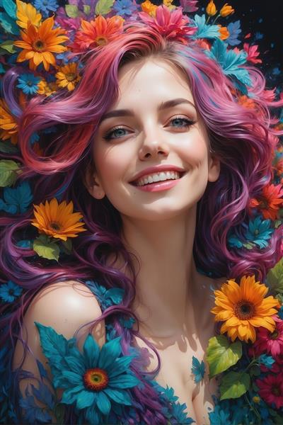 پرتره با جزئیات بالا زن با موهای مجعد بنفش و صورتی و گل‌های زرد و فیروزه‌ای برای طراحی‌های گرافیکی