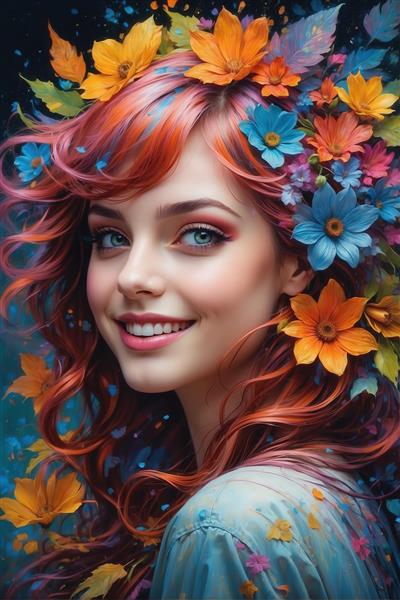 عکس نمای نزدیک زن خندان با موهای رنگین‌کمانی نارنجی، آبی و صورتی و گل‌های بهاری برای پوستر فشن