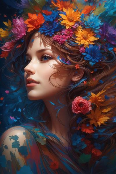 پرتره پروفایل زن با نور ملایم، احاطه شده با گل‌های رز قرمز و برگ‌های آبی و طلایی برای چاپ گالری