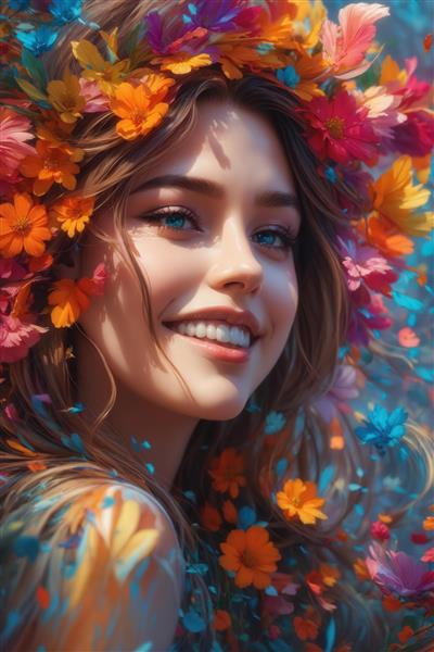 تصویر پرتره شاد زن با چشمان آبی روشن و تاج گل‌های بهاری متنوع برای دکوراسیون داخلی و اتاق خواب
