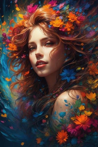 عکس نمای نزدیک زن با موهای مجعد نارنجی و تاج گل‌های پاییزی برای چاپ هنری و محصولات دکوراتیو