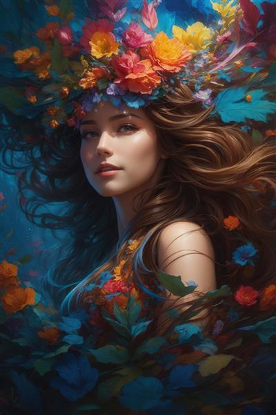 پرتره سایدفیس زن با موهای قهوه‌ای در میان گل‌های رنگی و برگ‌ها در پس‌زمینه آبی تیره برای تابلو و پوستر