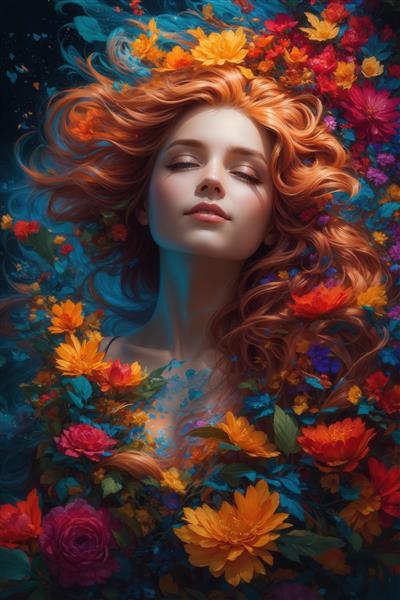 تصویر هنری بانوی مو قرمز احاطه شده با گل‌های زرد، آبی و قرمز دراماتیک برای چاپ بوم و دکوراسیون فاخر