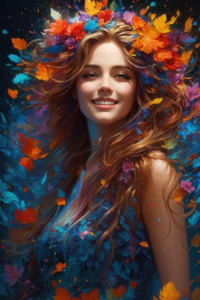 پرتره باکیفیت زن شاد با موهای حنایی و تاج برگ‌های پاییزی و گل‌های رنگارنگ برای چاپ عریض دکوراتیو