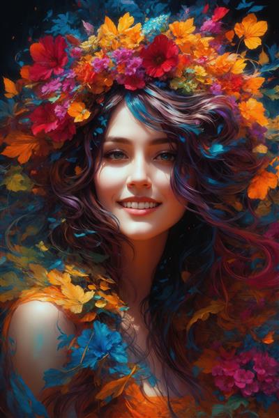 تصویر پرتره نمای نزدیک زن با موهای قهوه‌ای، لبخند ملایم و تاج گل‌های زرد، قرمز و آبی برای چاپ فاخر