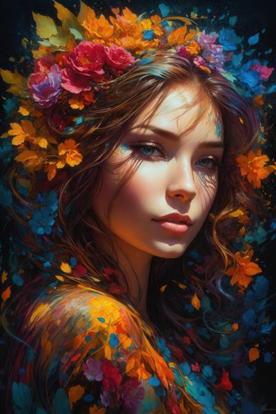 پرتره سلفی مانند زن با نور و سایه دراماتیک، احاطه شده با گل‌های رنگی و موهای درخشان برای دکوراسیون