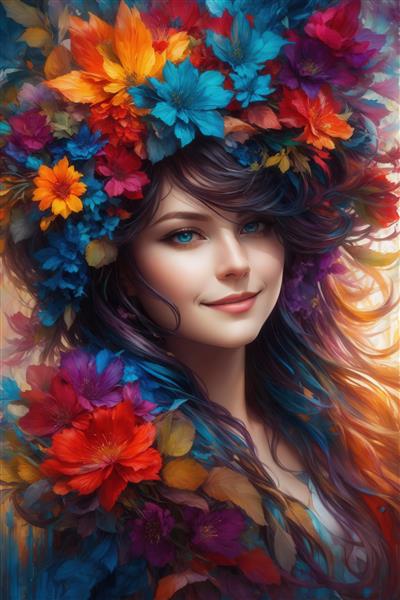 عکس باکیفیت پرتره زن با چشمان آبی و تاج گل‌های درخشان و رنگارنگ در پس‌زمینه محو برای چاپ بوم