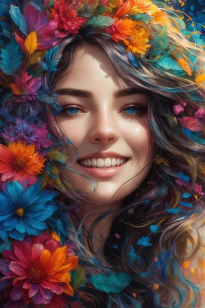 تصویر نمای نزدیک از لبخند زن با تاج گل‌های بهاری و موهای بافته شده از رنگ‌های شاد برای پوستر عریض