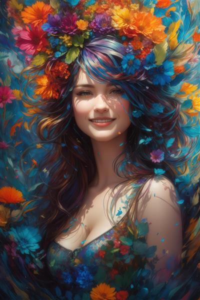 پرتره نزدیک با نوردهی بالا از بانوی شاد با تاج گل‌های رنگارنگ و لباس گلدوزی شده برای دکوراسیون داخلی