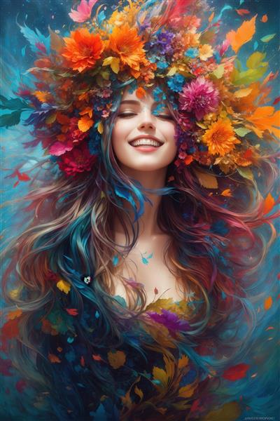 عکس هنری زن در حال خنده با چشمان بسته، احاطه شده با گل‌های شاد و موهای درخشان برای چاپ گالری