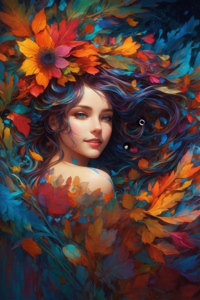 پرتره با کیفیت از بانوی طبیعت با موهای رنگارنگ و برگ‌های پاییزی و گل‌های نارنجی و آبی برای چاپ بوم