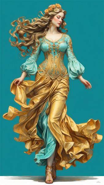 تصویر اورجینال زن با لباس پرچین مجلسی، کرست آبی گلدوزی شده و آستین پفی برای دکوراسیون لوکس و پوستر