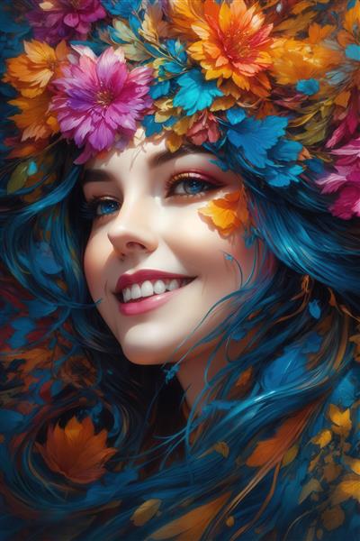 عکس نمای نزدیک از صورت شاد زن با موهای آبی و تاج گل‌های رنگارنگ برای چاپ عریض و محصولات دکور