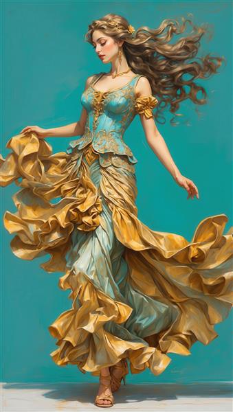 پرتره تمام قد زن با کرست فیروزه‌ای و دامن پرچین طلایی آبی در حال رقص برای چاپ دکوراتیو و تابلو هنری
