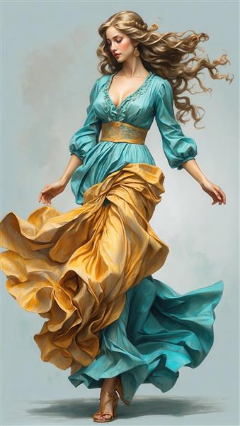 پرتره خیره‌کننده زن با لباس رمانتیک آبی و طلایی با پرده‌های پارچه‌ای روان و پس‌زمینه روشن برای چاپ بوم