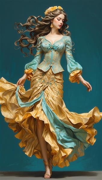 تصویر مد بانوی اشرافی با پیراهن فیروزه‌ای طرح‌دار، کرست و دامن نامتقارن طلایی برای تولید محصولات دکوراتیو